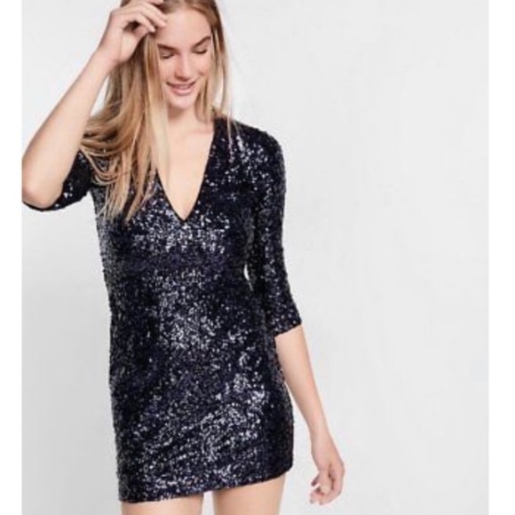 Express | Navy Blue Sequins, Bodycon Mini Cocktail Dress, Size 4 - Picture 2 of 13